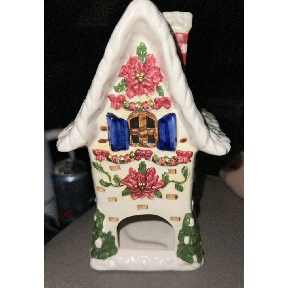 Vintage Ceramic Christmas House Tea Light Holder No Light 8